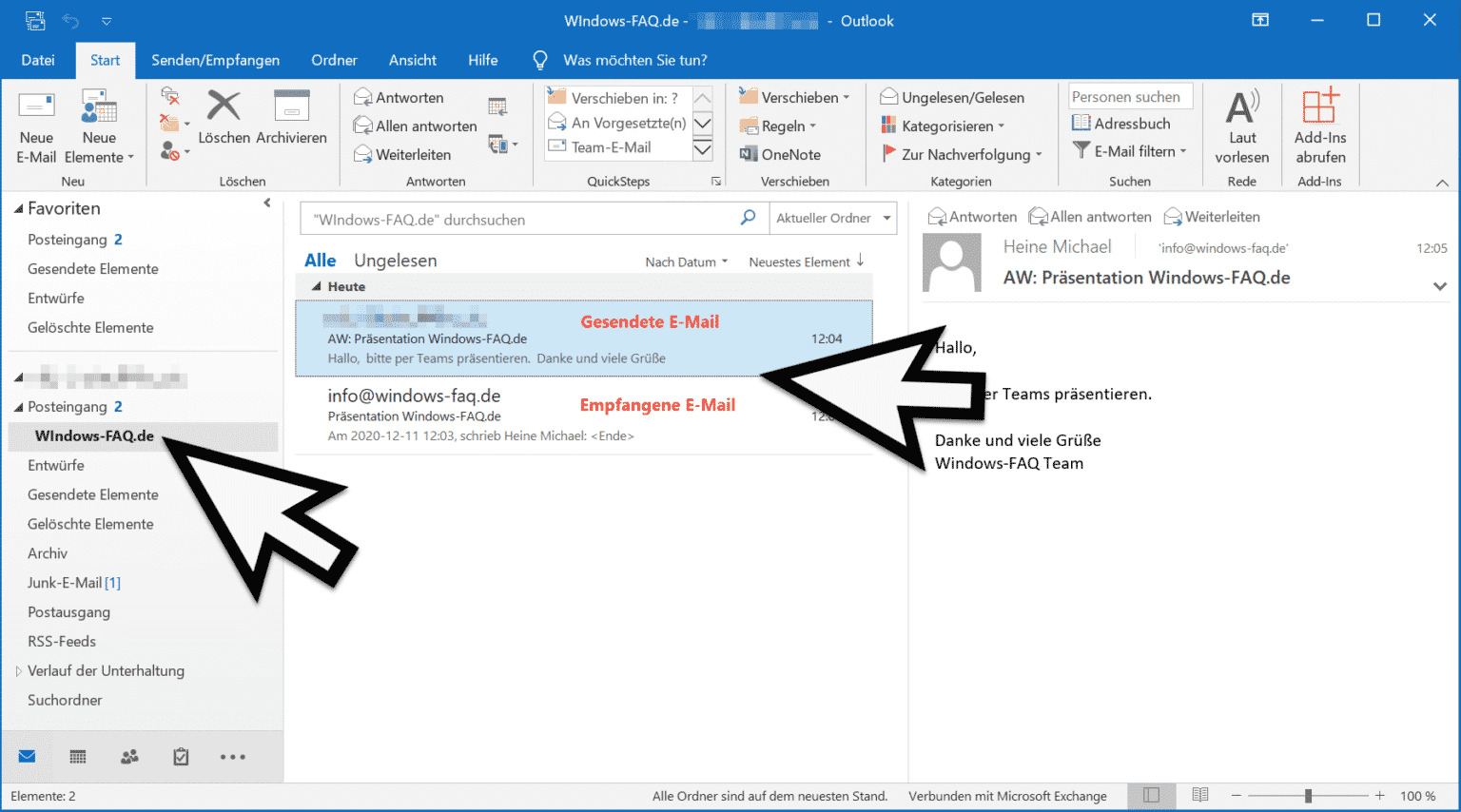 Im Outlook Empfangene Und Gesendete E Mail Im Gleichen Ordner Ablegen