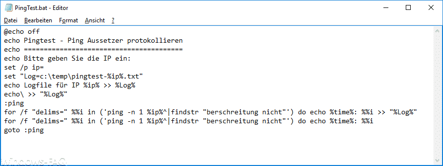 Netzwerkprobleme Feststellen Nur Ping Aussetzer Protokollieren Pingtest Bat Batch Befehl Download Netzwerk Parameter Probleme Skript Windows Faq