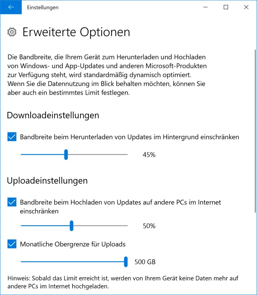 Downloadeinstellungen und Obergrenze für Windows Updates beim Fall Creators Update