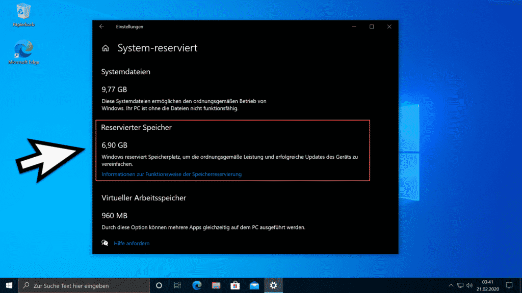 Reservierter Speicher Windows 10