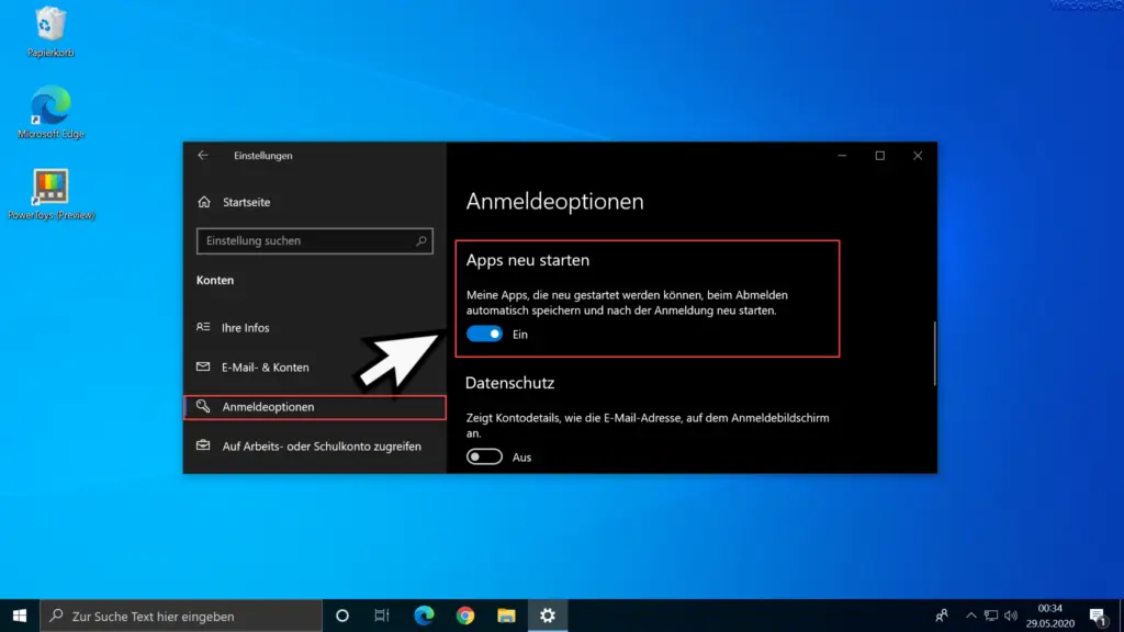 Apps neu starten - Neue Option Windows 10 2004