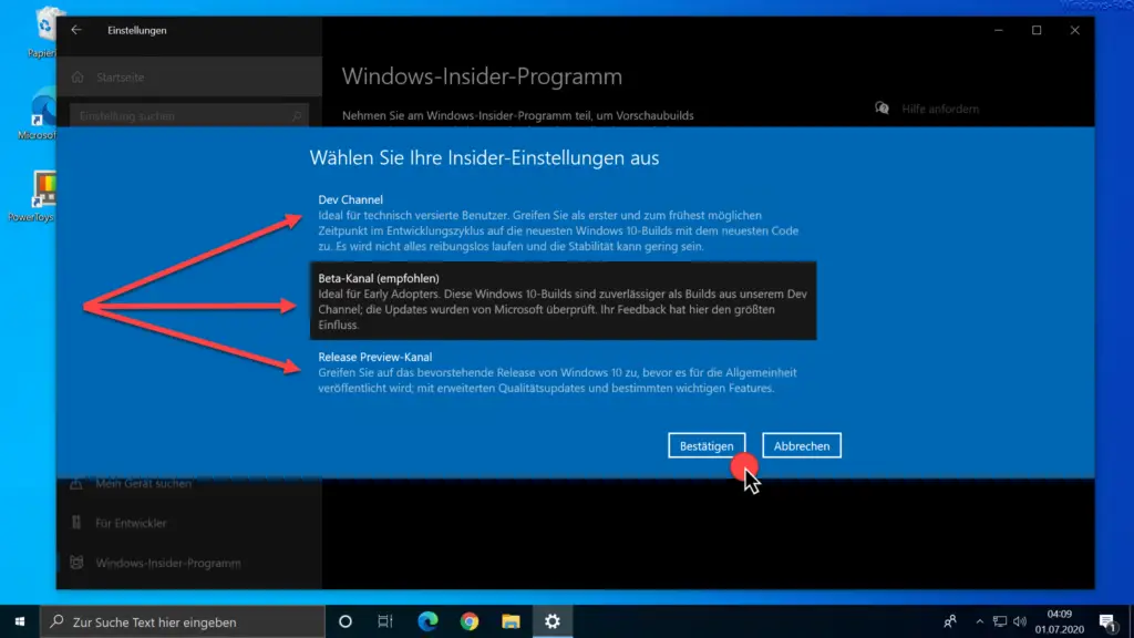 Windows-Insider-Programm - Dev Channel - Beta-Kanal - Release Preview Kanal