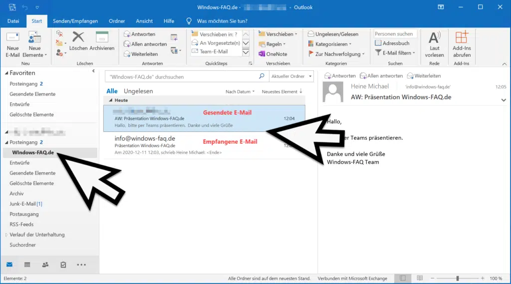 Outlook empfangene und gesendete E-Mail im gleichen Ordner