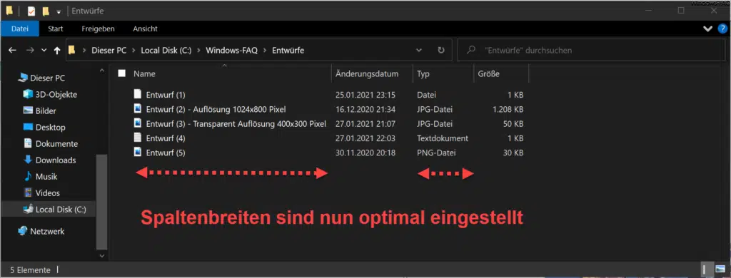 Explorer Spaltenbreite der Ansicht optimal eingestellt