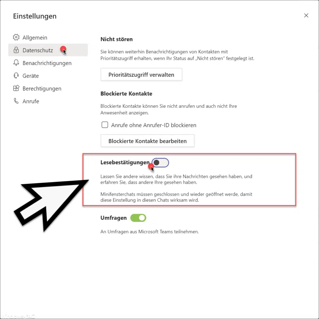 Teams Lesebestätigungen deaktivieren