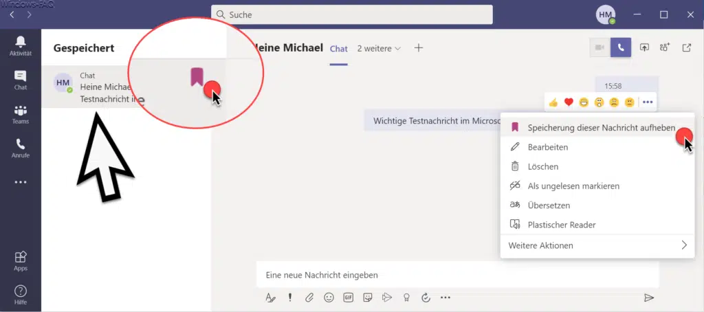 Teams Ansicht der gespeicherten Nachrrichten und Speicherung dieser Nachricht aufheben