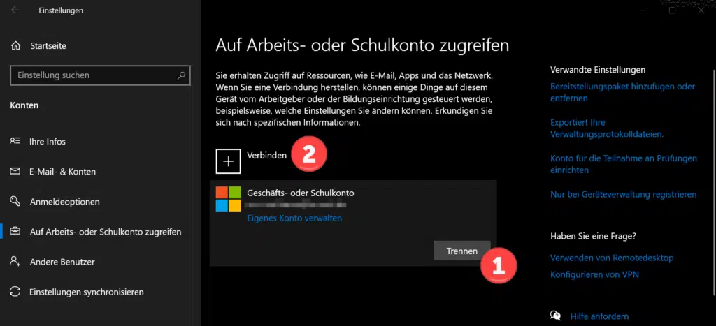 Auf Arbeits- oder Schulkonto zugreifen