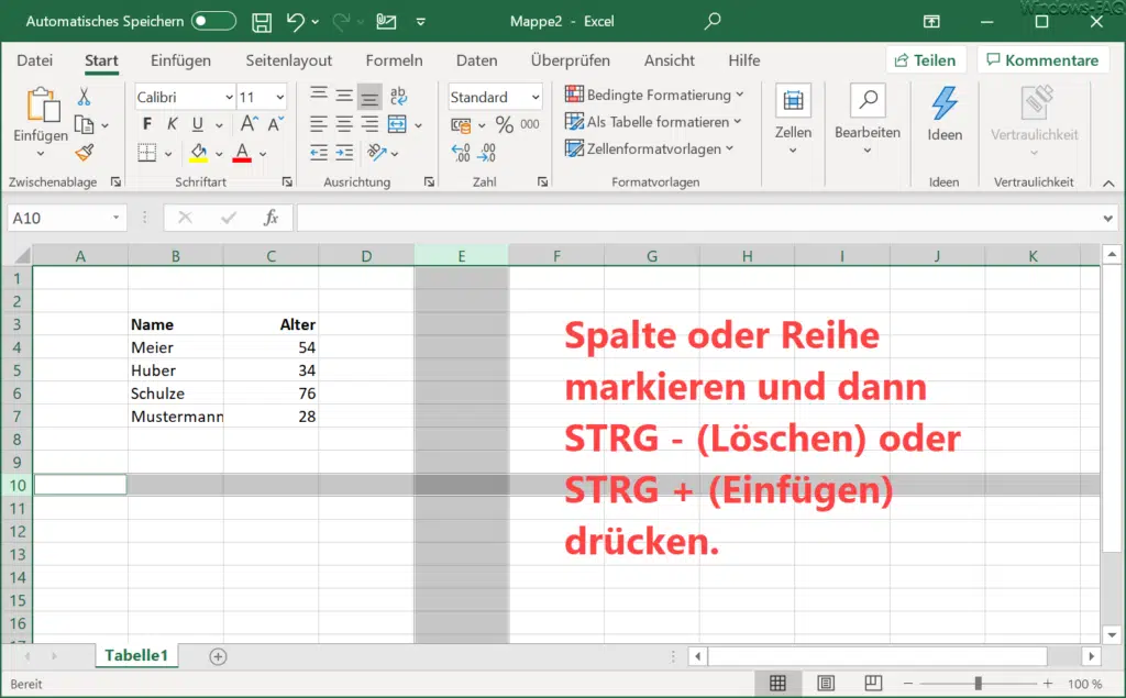 Excel Spalte Zeilen schnell löschen