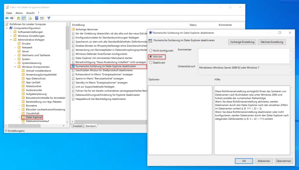 Numerische Sortierung im Datei-Explorer deaktivieren