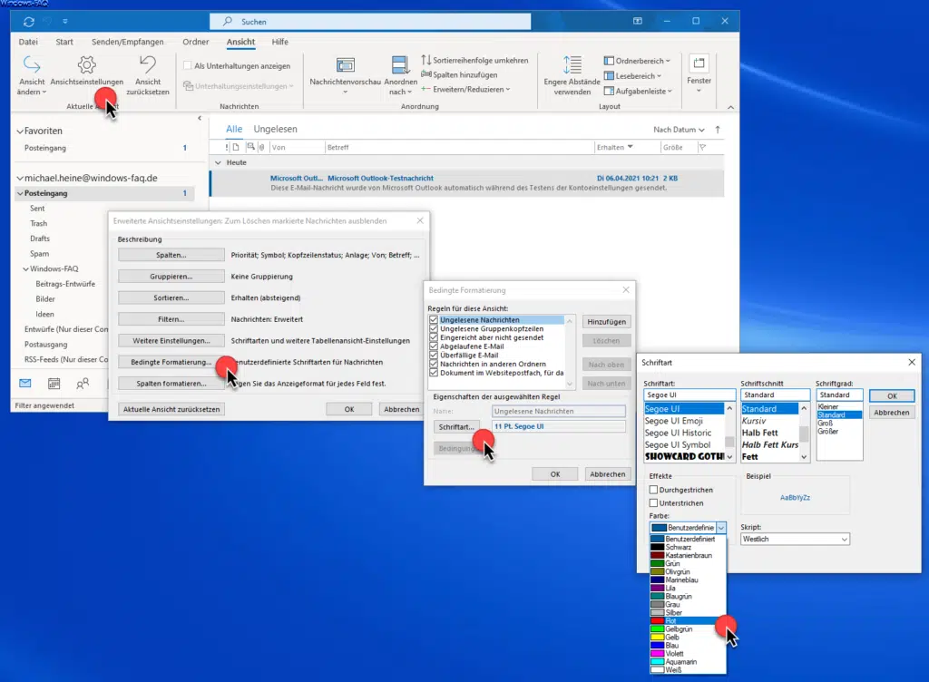 Outlook Ansichtseinstellungen Schriftfarbe ungelesene E-Mails