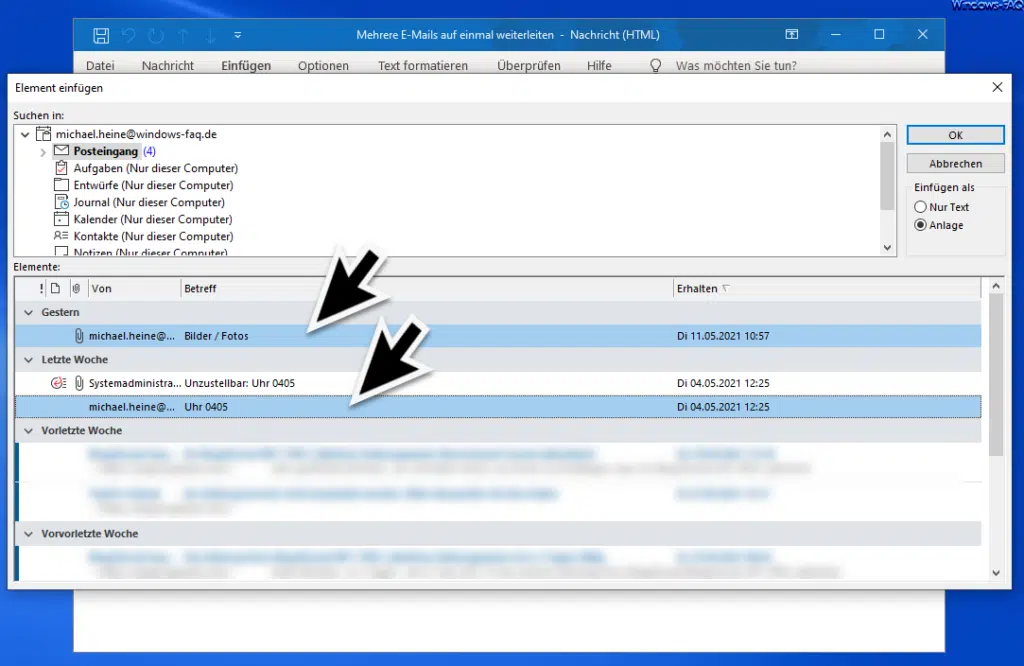 Outlook E-Mail Elemente einfügen
