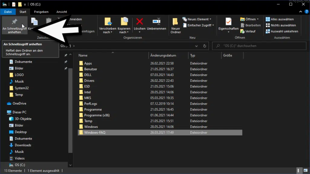 Button An Schnellzugriff anheften im Windows Explorer