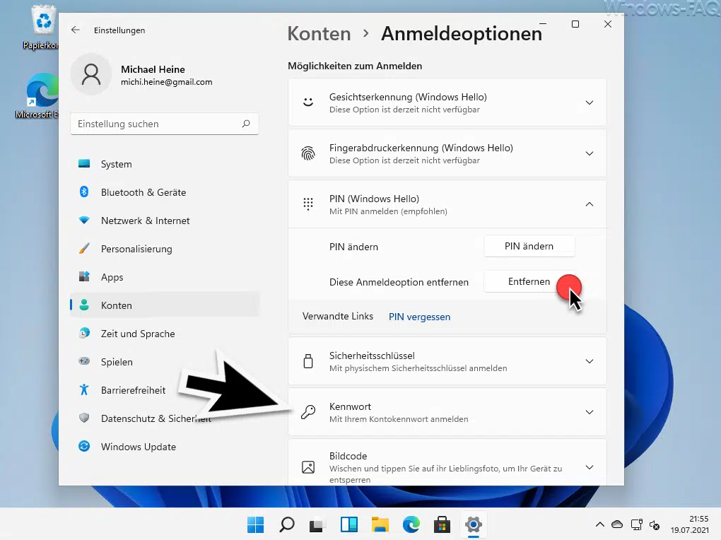 Pin entfernen und Kennwort aktivieren Windows 11