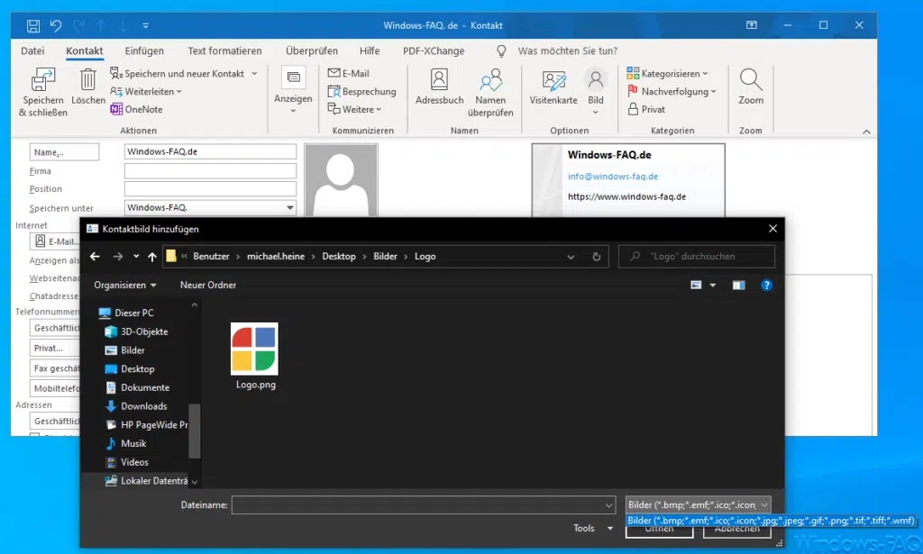 Outlook Kontaktbild Dateiauswahl und Grafikformate
