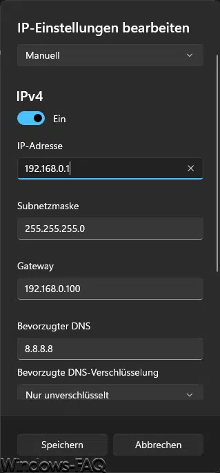 IP-Daten DNS, Subnetzmaske, Gateway