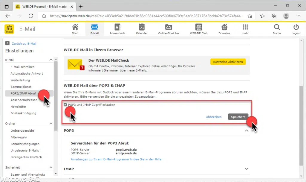 Web.de Freemail POP3 und IMAP Zugriff erlauben