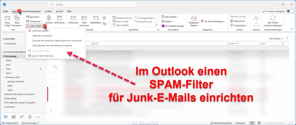Im Outlook einen SPAM-Filter für Junk-E-Mails einrichten