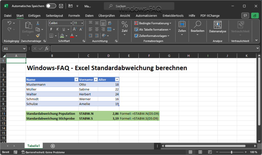 Excel Standardabweichung berechnen