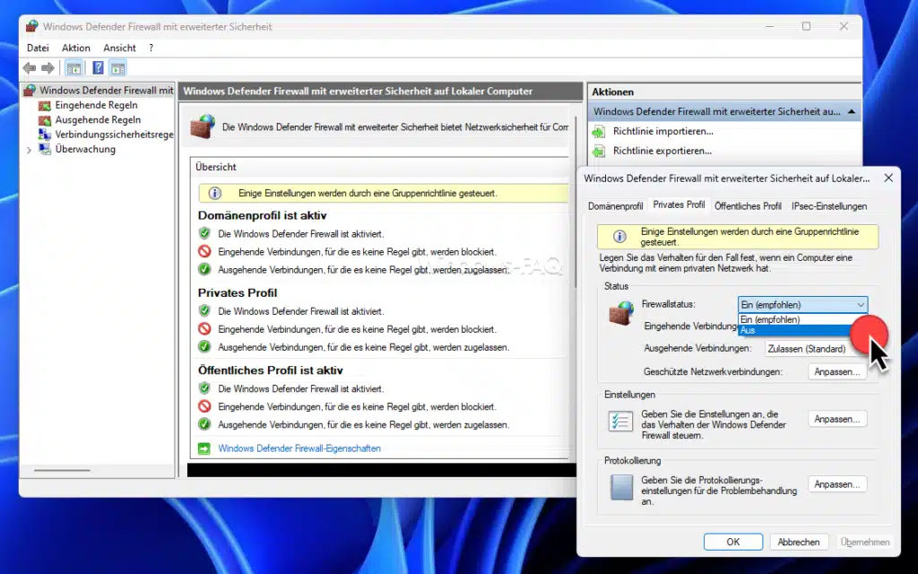 Windows Defender Firewall mit erweiterter Sicherheit Firewallstatus