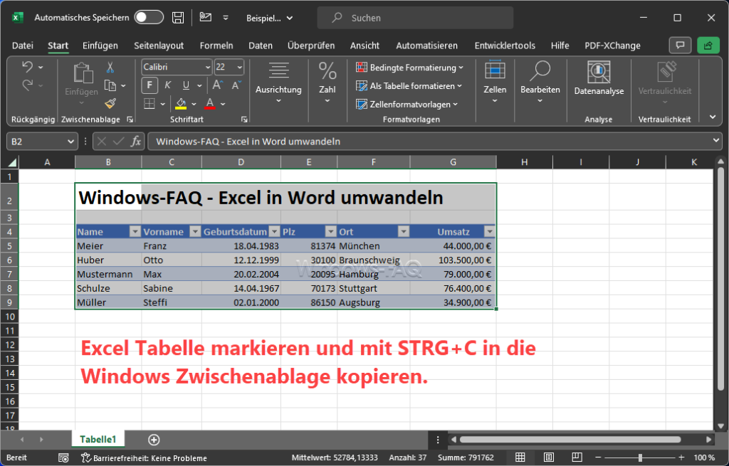 Excel Tabelle markieren mit STRG + C