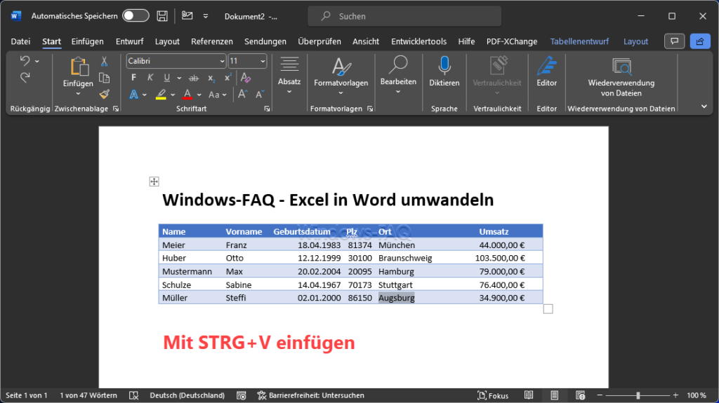 Excel in Word mit STRG+V einfügen