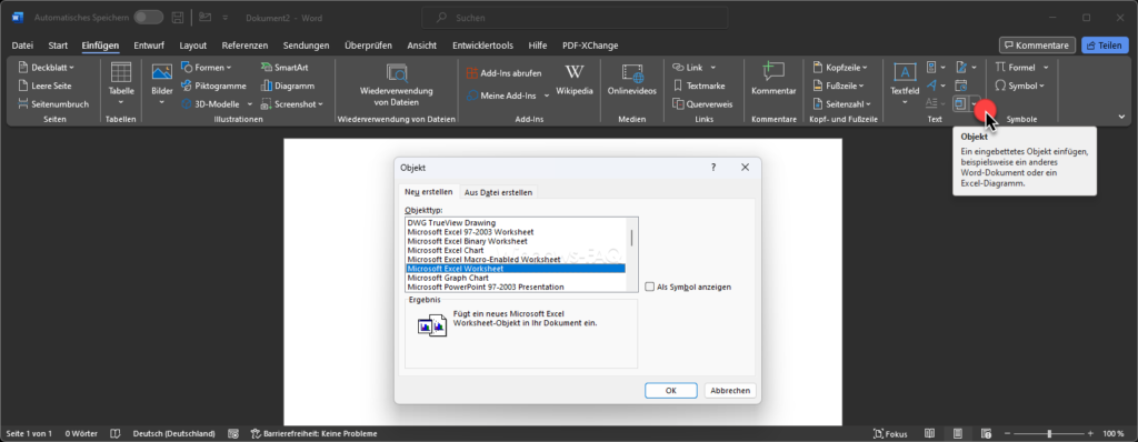 Microsoft Excel Worksheet einfügen in Word