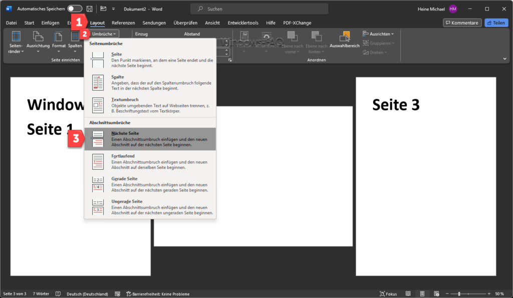 Word Abschnittumbrüche nächste Seite