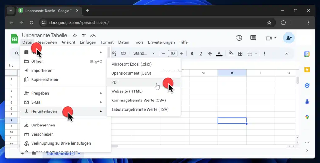 Excel in PDF mit Google Drive Tabellen