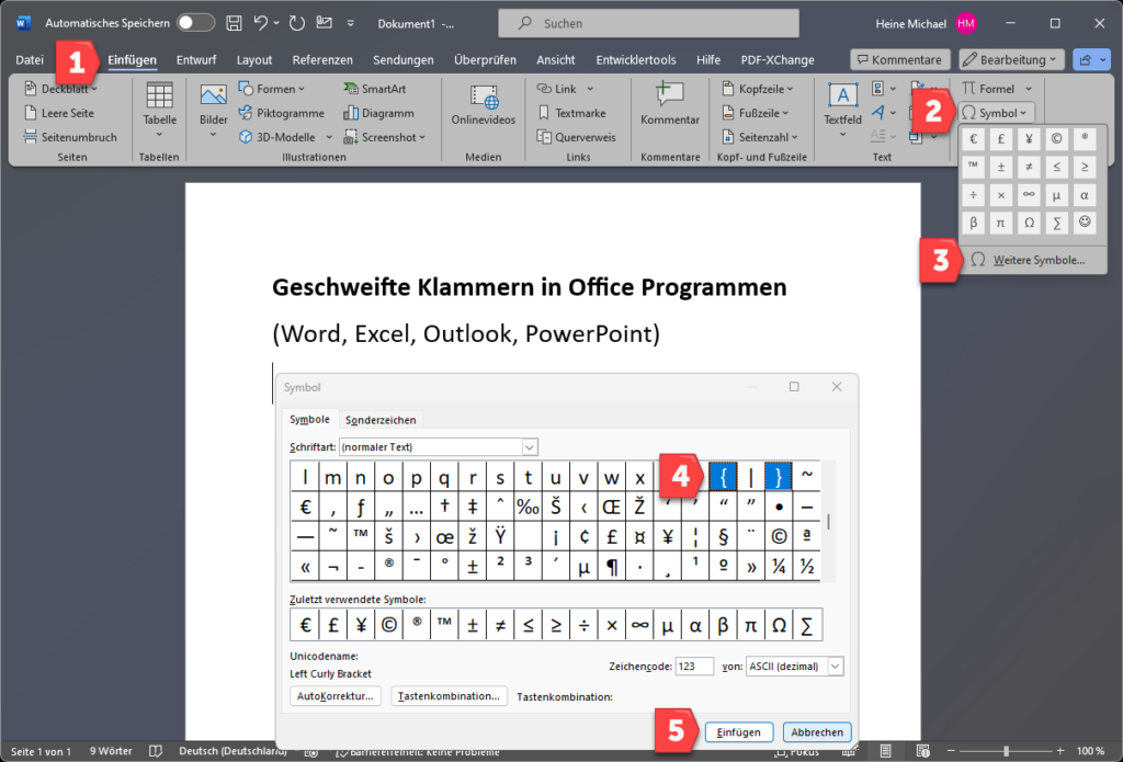 Ofiice Programme Symbole geschweifte Klammer