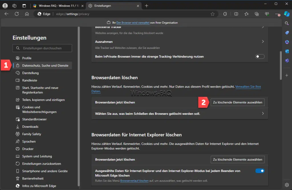 Edge Cache löschen Browserdaten jetzt löschen