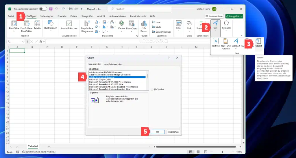 PDF in Excel einfügen Adobe Acrobat-Dokument