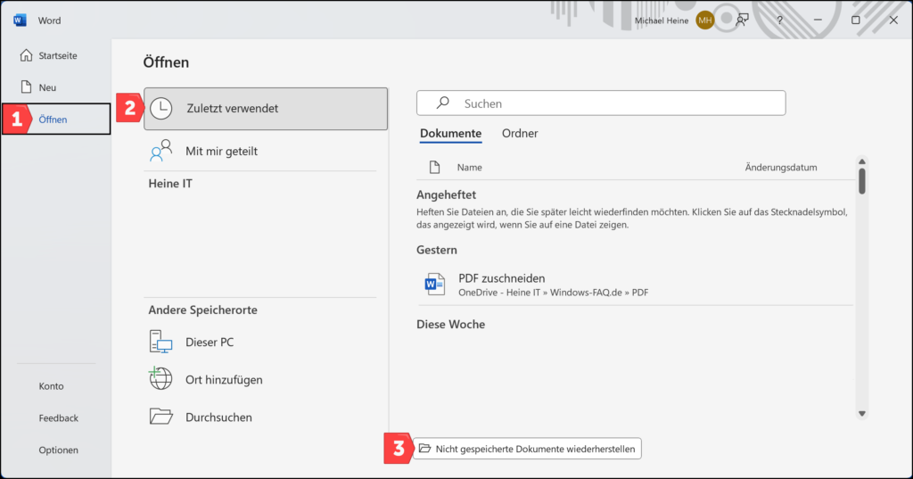 Word Dokument wiederherstellen nicht gespeicherte Dokumente