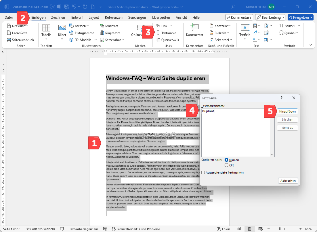 Word Seite duplizieren Textmarke erstellen