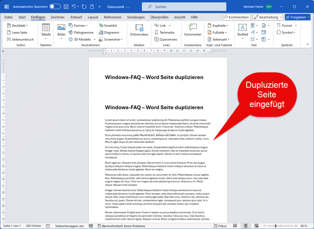 Word duplizierte Seite eingefügt