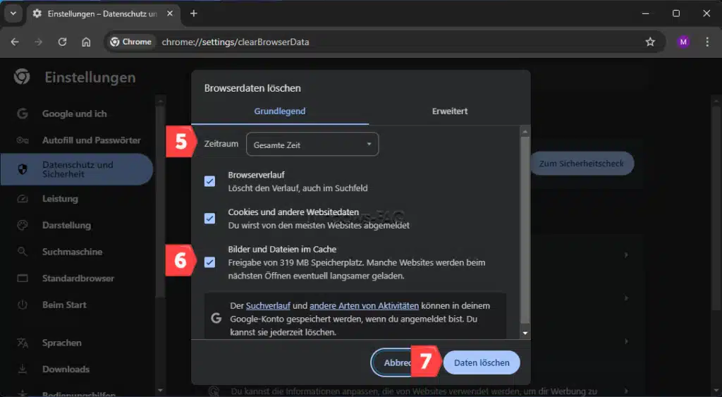 Chrome Cache leeren Bilder und Dateien im Cache