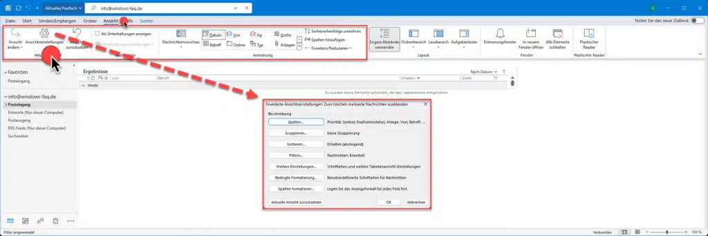 Outlook Ansicht ändern erweitere Ansichtseinstellungen