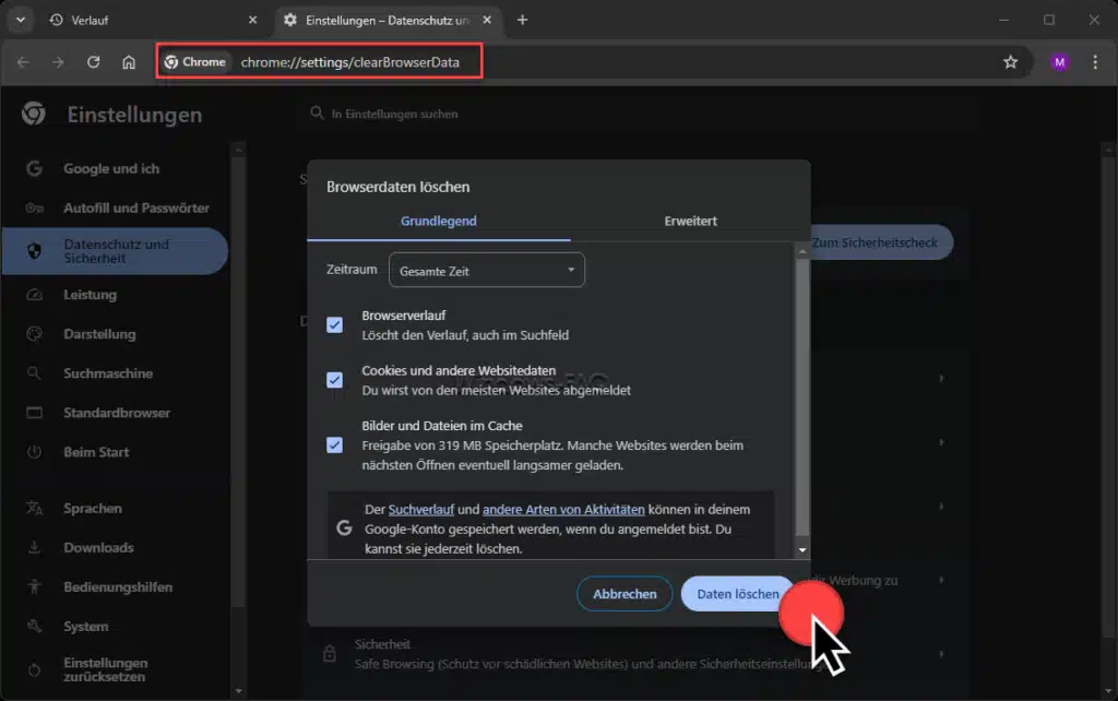 Suchanfragen löschen Google Chrome