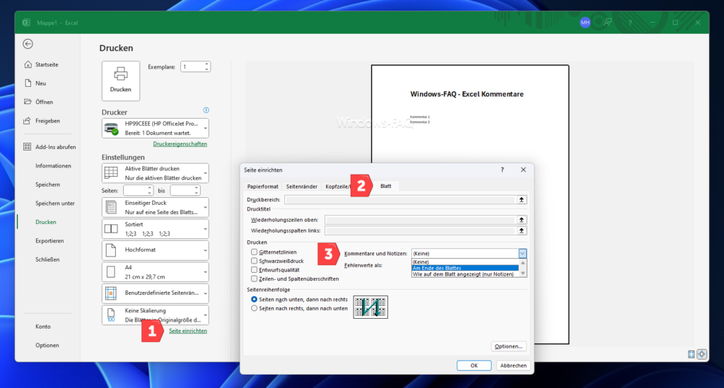 Excel Kommentare ausdrucken