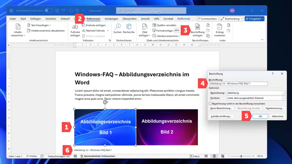 Abbildungsverzeichns Word Beschriftung