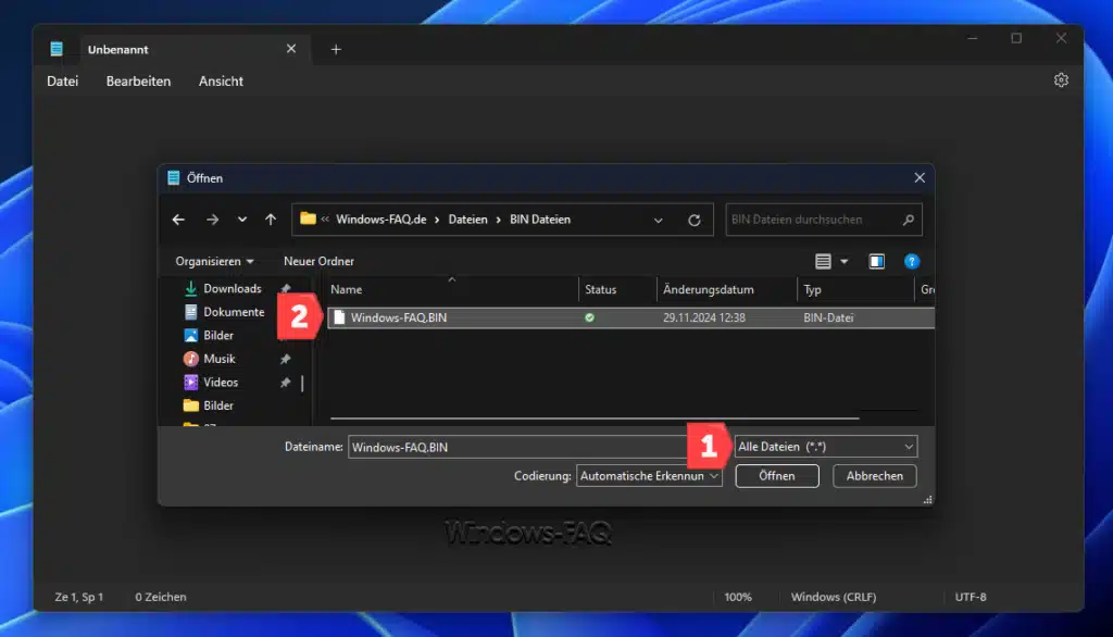 BIN Datei öffnen Notepad