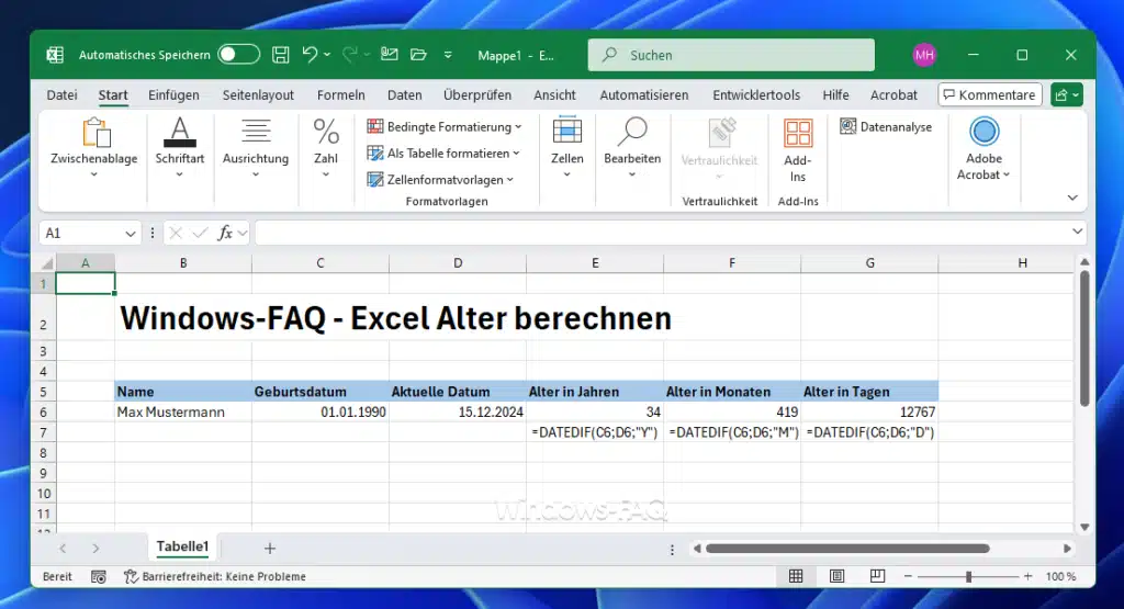 Excel Alter berechnen in Jahren, Monaten und Tagen