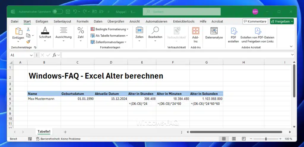 Excel Alter berechnen in Stunden, Minuten, Sekunden