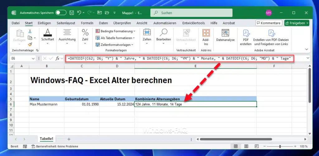 Excel Alter berechnen kombinierte Altersangaben