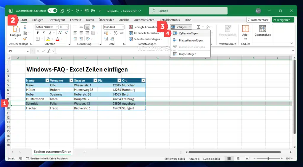 Excel Zeile einfügen Menü