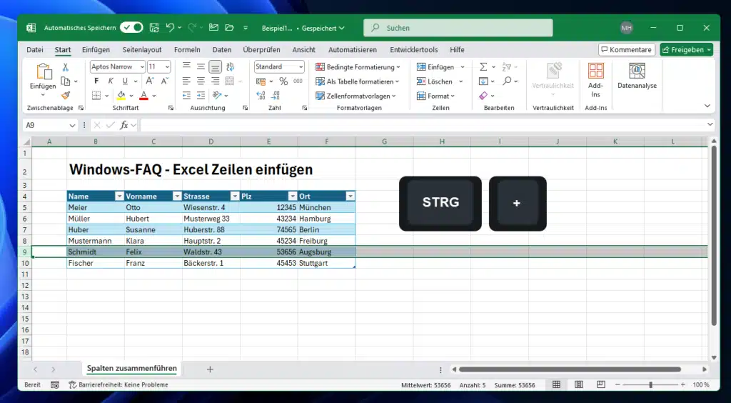 Excel Zeile einfügen Shortcut