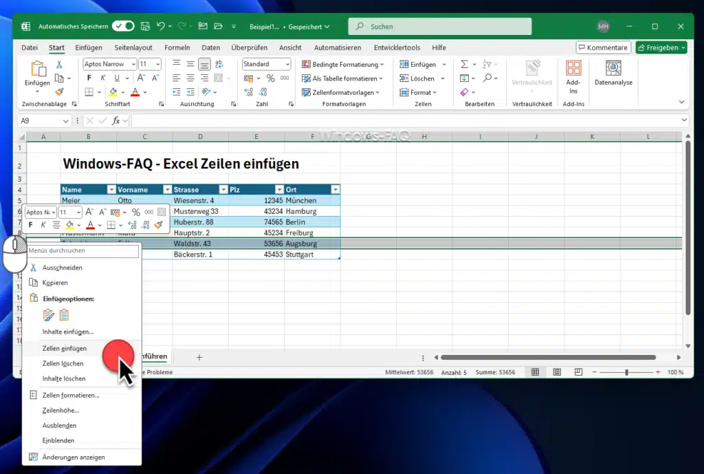 Excel Zeile einfügen rechte Maustaste