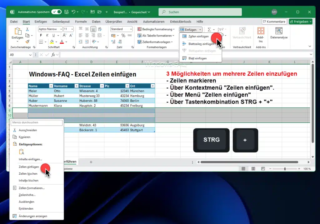 Excel mehrere Zeilen einfügen