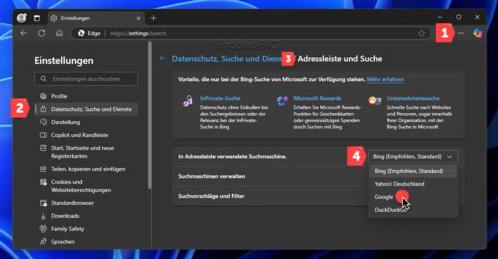 Google als Standardsuchmaschine festlegen Edge