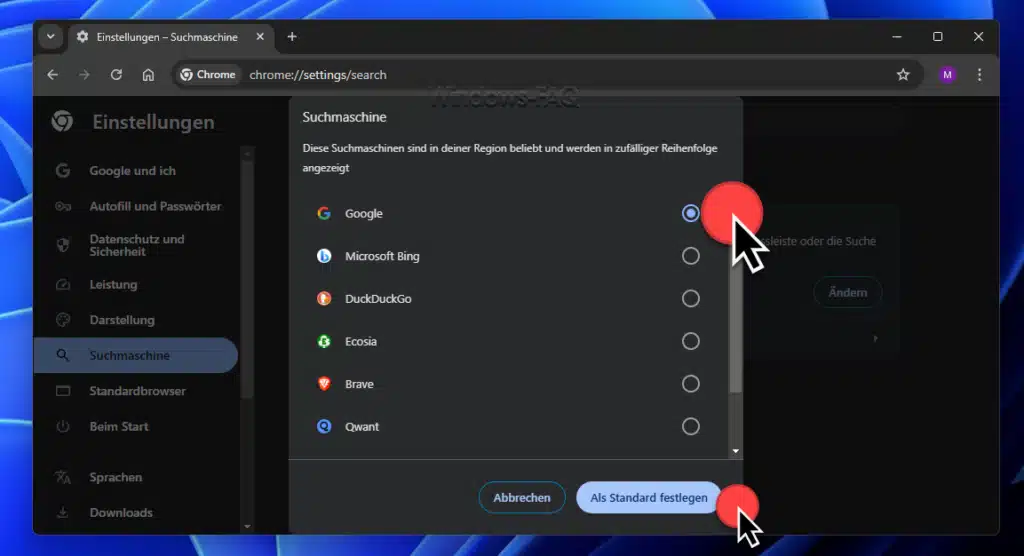Google als Standardsuchmaschine festlegen Google bestätigen