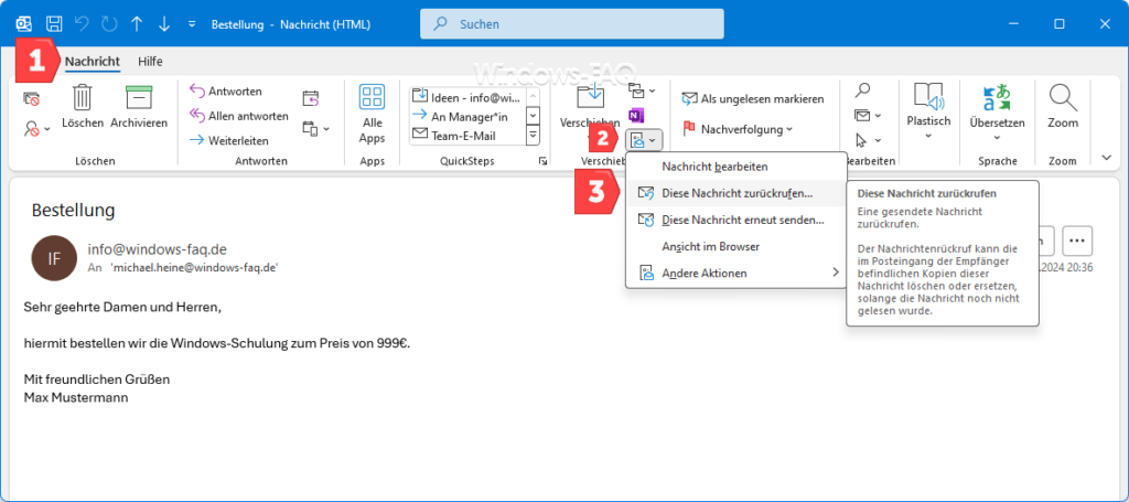 Outlook Mail zurückrufen Funktion